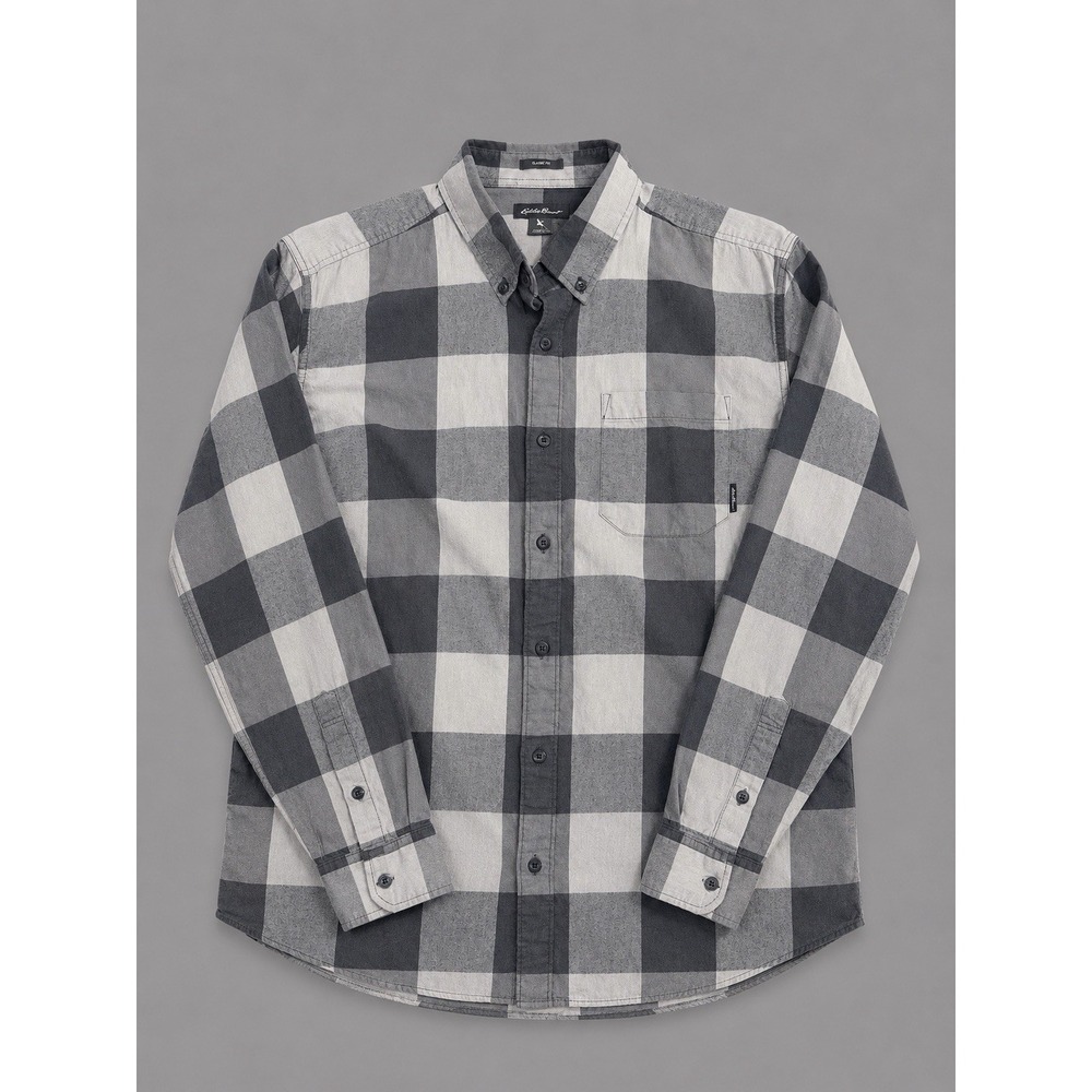 Eddie Bauer Shirt Men's Large Gray Black Plaid Flannel Long Sleeve Button-Down